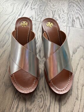 Tory Burch Iridescent Silver Crossband Leather Slides with Brown Footbed